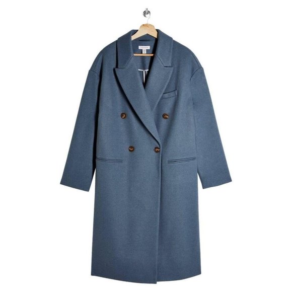 🆕 TOPSHOP Brooke Double Breasted Long Coat Blue 12 - Picture 4 of 10